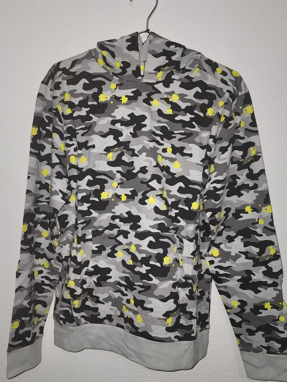 Fashion Nova Grey Camo Hoodie with Yellow Splatter